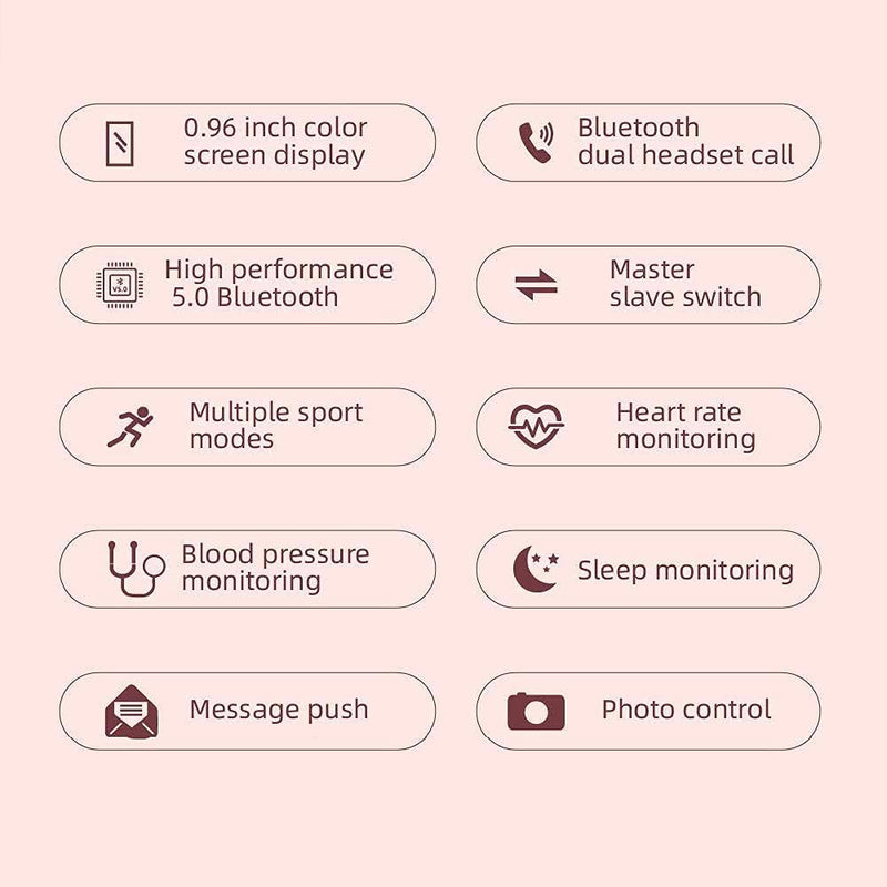 Earbuds with Microphone Smart Watch - 8 in 1 Touch Control Smart Bracelet TWS Earphones Dual Headset Call,Photo Control, Blood Pressure, Mono Mode Heart Rate Monitor for Sport-Pink X2920401