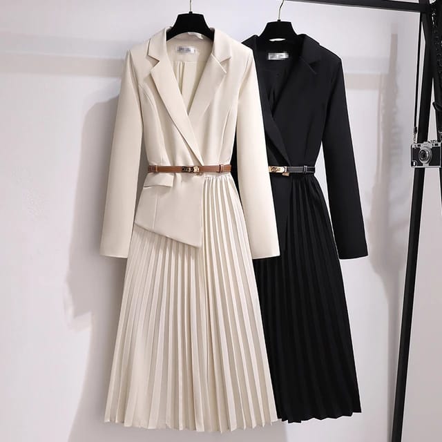 Vintage Pleated Belt Patchwork One Piece Blazer Dress Women Elegant Office Ladies Long Sleeve Notched Female Autumn Midi Vestido  X4030153 - Tuzzut.com Qatar Online Shopping