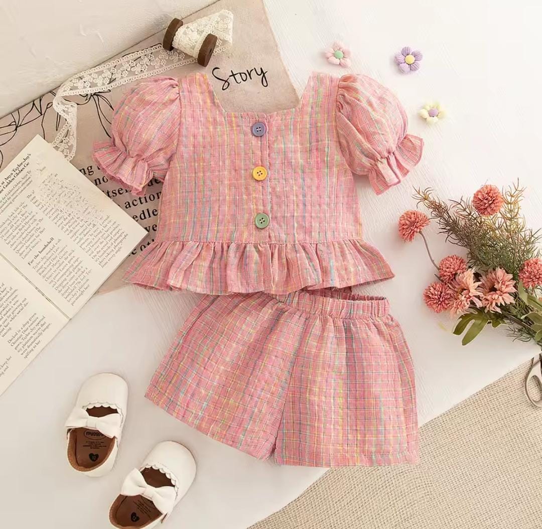 Baby Girl Color Plaid Bubble Sleeve Top And Shorts Set 1650654 Baby Girl Color Plaid Bubble Sleeve Top And Shorts Set 1650654