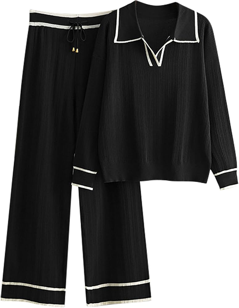 Women Cute Lapel Collar Sweater Wide Leg Pants Two Piece Outfits S497730 Women Cute Lapel Collar Sweater Wide Leg Pants Two Piece Outfits S497730