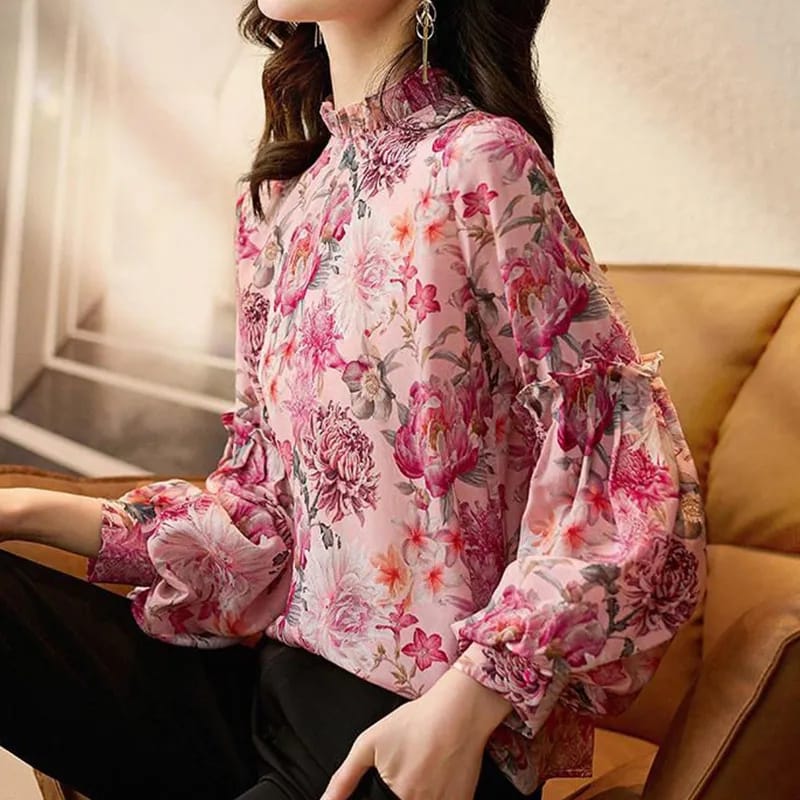 Spring Summer Elegant Fashion Ruffled Floral Print Lantern Long Sleeve Chiffon Shirt Top Ladies Temperament Wild Pullover Blouse S4842928 - Tuzzut.com Qatar Online Shopping