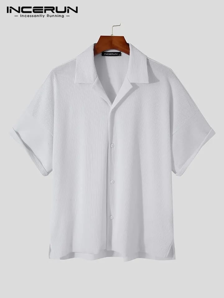 American Style Casual Simple New Men's Solid Blouse Streetwear Male Loose Comfortable Pleated Short Sleeve Shirts S S4458090 - Tuzzut.com Qatar Online Shopping
