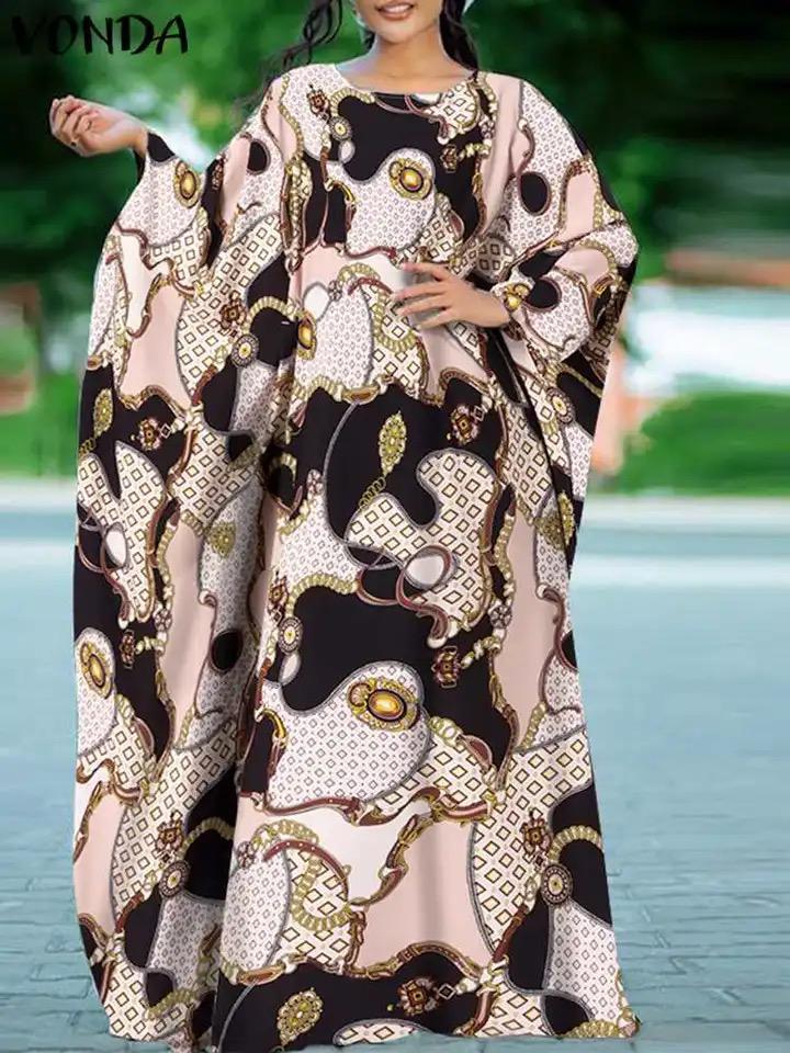 VONDA Bohemian Women Vintage Floral Printed Party Robe O-Neck 2XL S1011218 VONDA Bohemian Women Vintage Floral Printed Party Robe O-Neck 2XL S1011218