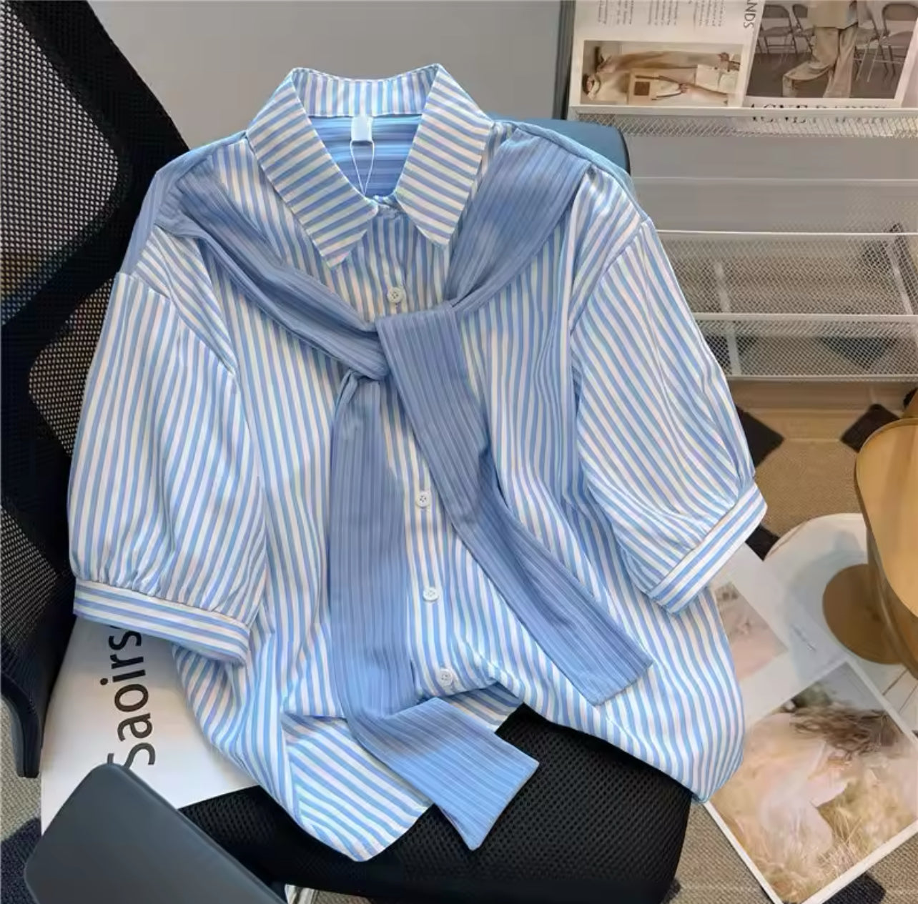 Elegant Fashion Female Polo-Neck Spliced Striped Shirt 561173 Elegant Fashion Female Polo-Neck Spliced Striped Shirt 561173