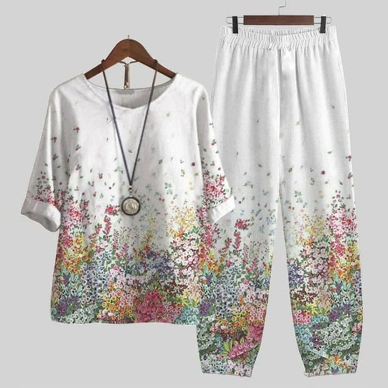 Summer Casual Two Piece Sets Women Loose O Neck Short Sleeve High Waist Pants Flower Print Outfits Ladies Elegant Vintage Suit 3XL S4939794