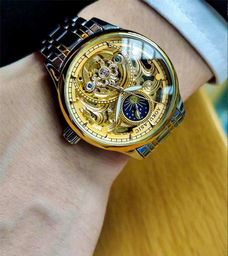AOKULASIC Men Wristwatch Automatic Mechanical Military Sport Original Male Clock Top Brand Luxury Skeleton Hollow Watch Gift S986028 - Tuzzut.com Qatar Online Shopping