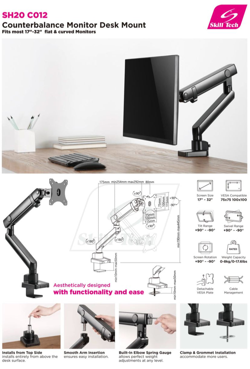 Single Monitor Counter Balance Steel Monitor Arm - SH 20C012 (Fits Most 17" ~ 32") - Tuzzut.com Qatar Online Shopping