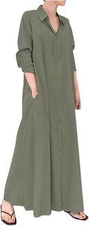 Women Lapel Long Sleeve Shirt Dress Plus Size Autumn Split Button Maxi Sundress Large   S340079 - TUZZUT Qatar Online Shopping