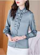 Sweejim Fashion Ruffles Long Sleeve Blouses Women Elegant Office Satin Shirts Basic Tops    S4710736 - TUZZUT Qatar Online Shopping