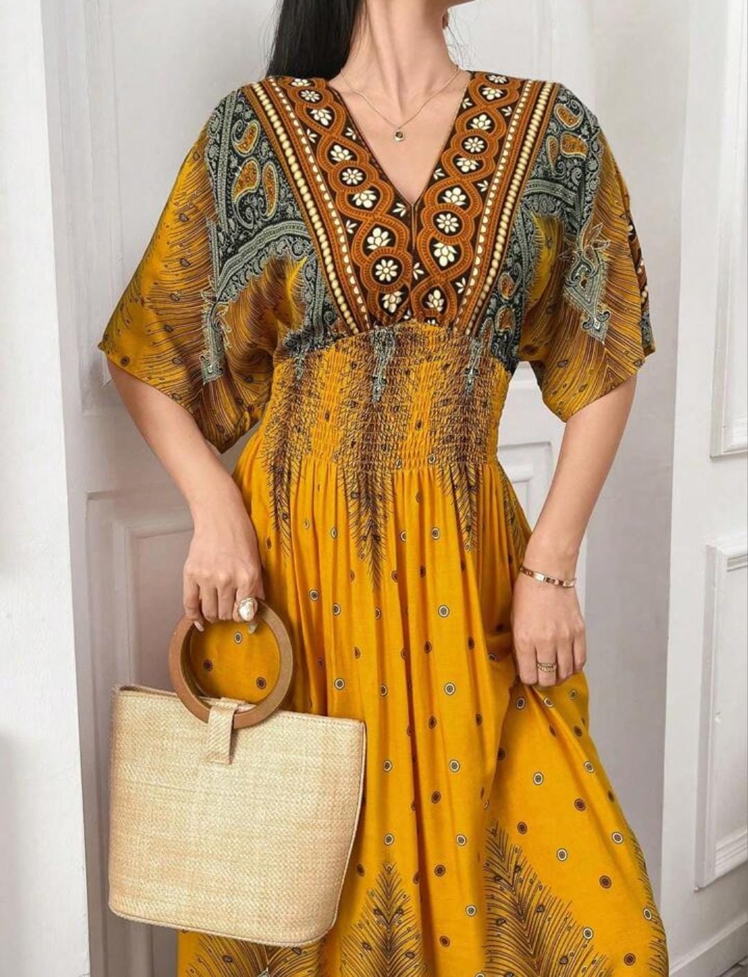 Al Najma Elegant Vintage Printed Sleeve Long Dress B-155670 Al Najma Elegant Vintage Printed Sleeve Long Dress B-155670