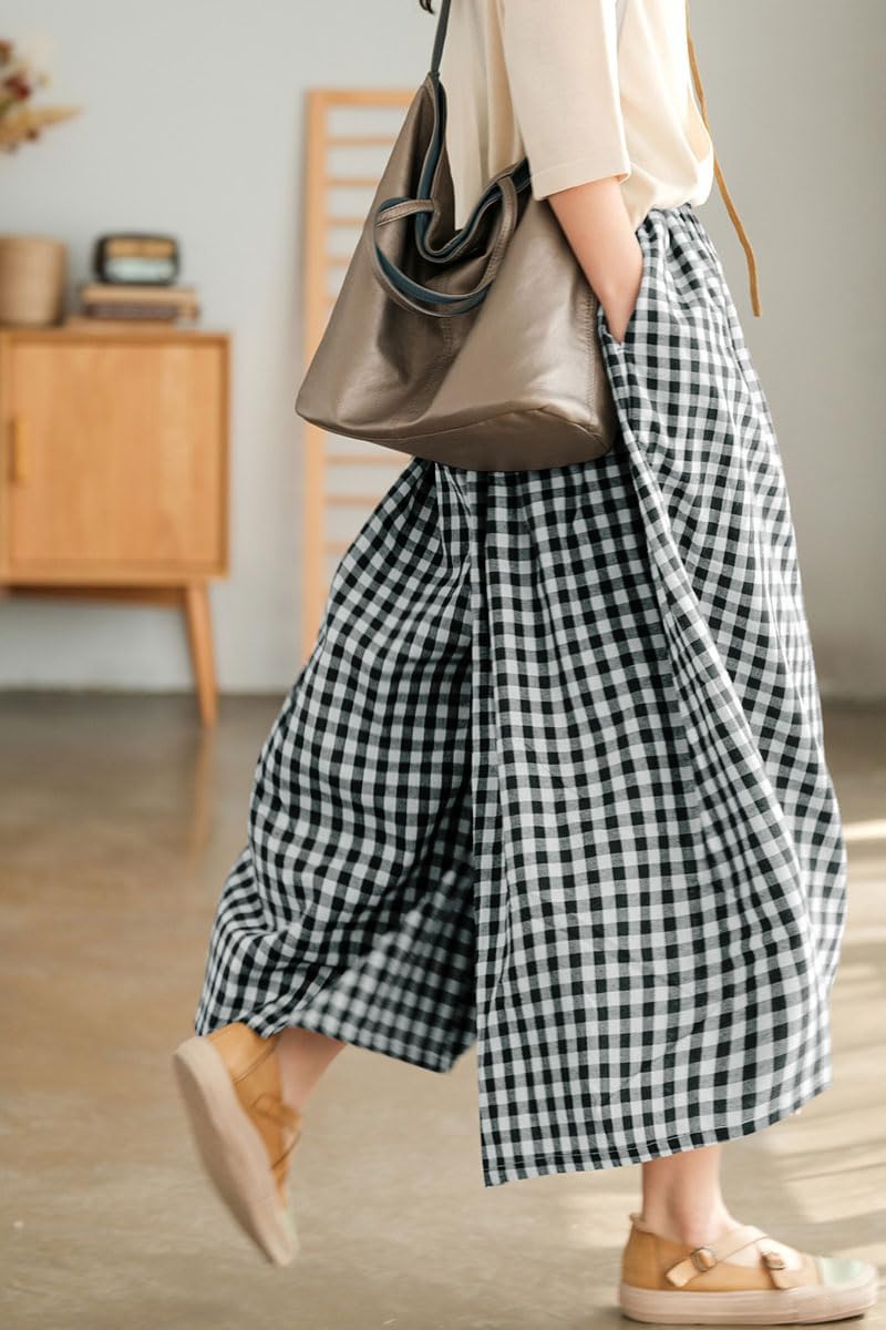Women's Cotton Elastic Waist Plaid Palazzo Pants 548559 L Women's Cotton Elastic Waist Plaid Palazzo Pants 548559 L