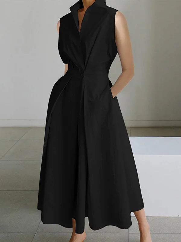 Sleeveless Solid Color Lapel Midi Dresses 116618 Sleeveless Solid Color Lapel Midi Dresses 116618