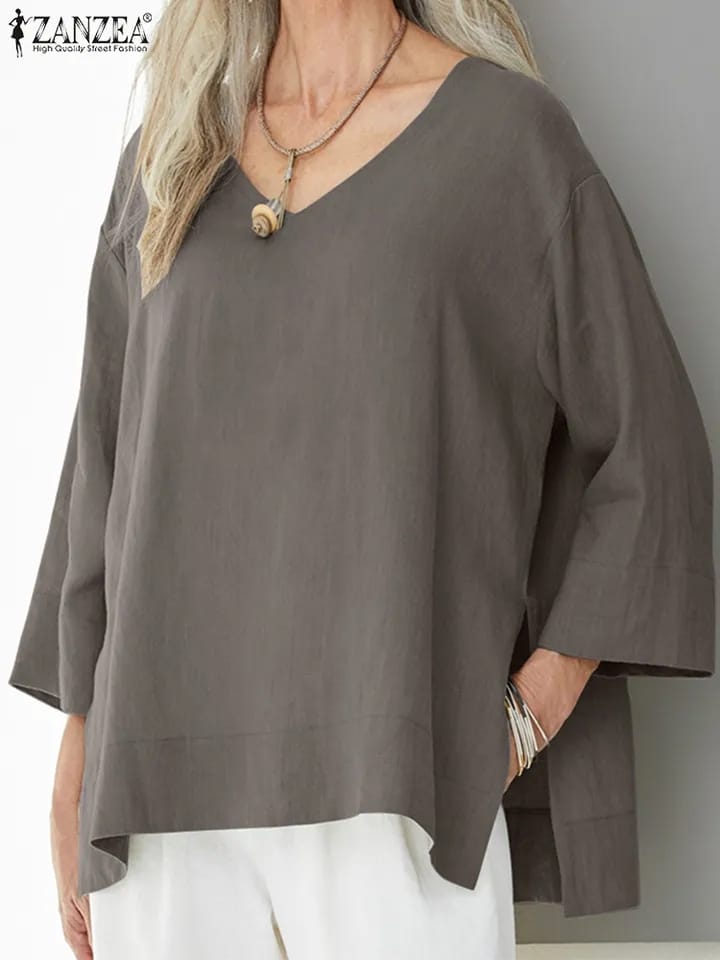 Elegant Split Hem Tops Women Summer ZANZEA Blouse Tunic Casual 3/4 Sleeve Blusas Female O neck V Neck Chemise Oversized 2XL S2312259 Elegant Split Hem Tops Women Summer ZANZEA Blouse Tunic Casual 3/4 Sleeve Blusas Female O neck V Neck Chemise Oversized 2XL S2312259
