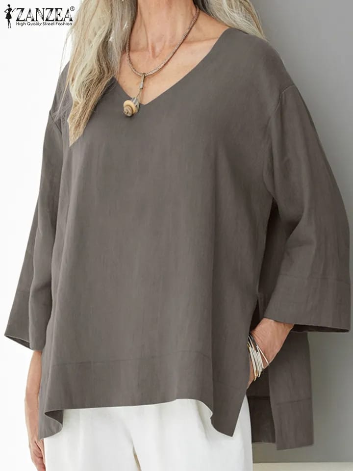 Elegant Split Hem Tops Women Summer ZANZEA Blouse Tunic Casual 3/4 Sleeve Blusas Female O neck V Neck Chemise Oversized 2XL S2312259 - Tuzzut.com Qatar Online Shopping
