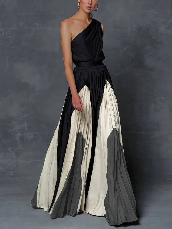 Sleeveless Asymmetric Pleated Printed One-Shoulder Maxi Dresses  120917 - XL