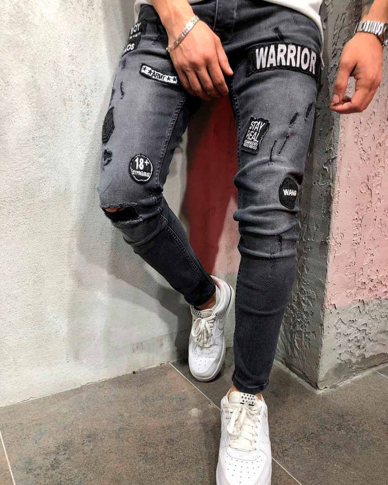 New Fashion Men's Hip-hop Skinny Jeans Hole Embroidery Jeans M