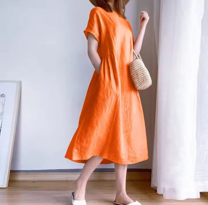 Summer Casual Loose Dresses Women Cotton Linen Baggy Dress Solid Round Neck Casual Short Sleeve Casual Loose Dress With Pockets B60457 Summer Casual Loose Dresses Women Cotton Linen Baggy Dress Solid Round Neck Casual Short Sleeve Casual Loose Dress With Pockets B60457