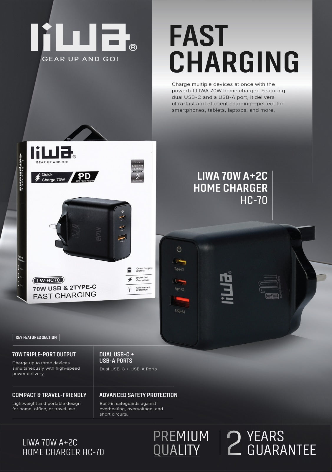 Liwa Quick Fast Charger 70W /USB /2Type-C /LW-HC70 Liwa Quick Fast Charger 70W /USB /2Type-C /LW-HC70