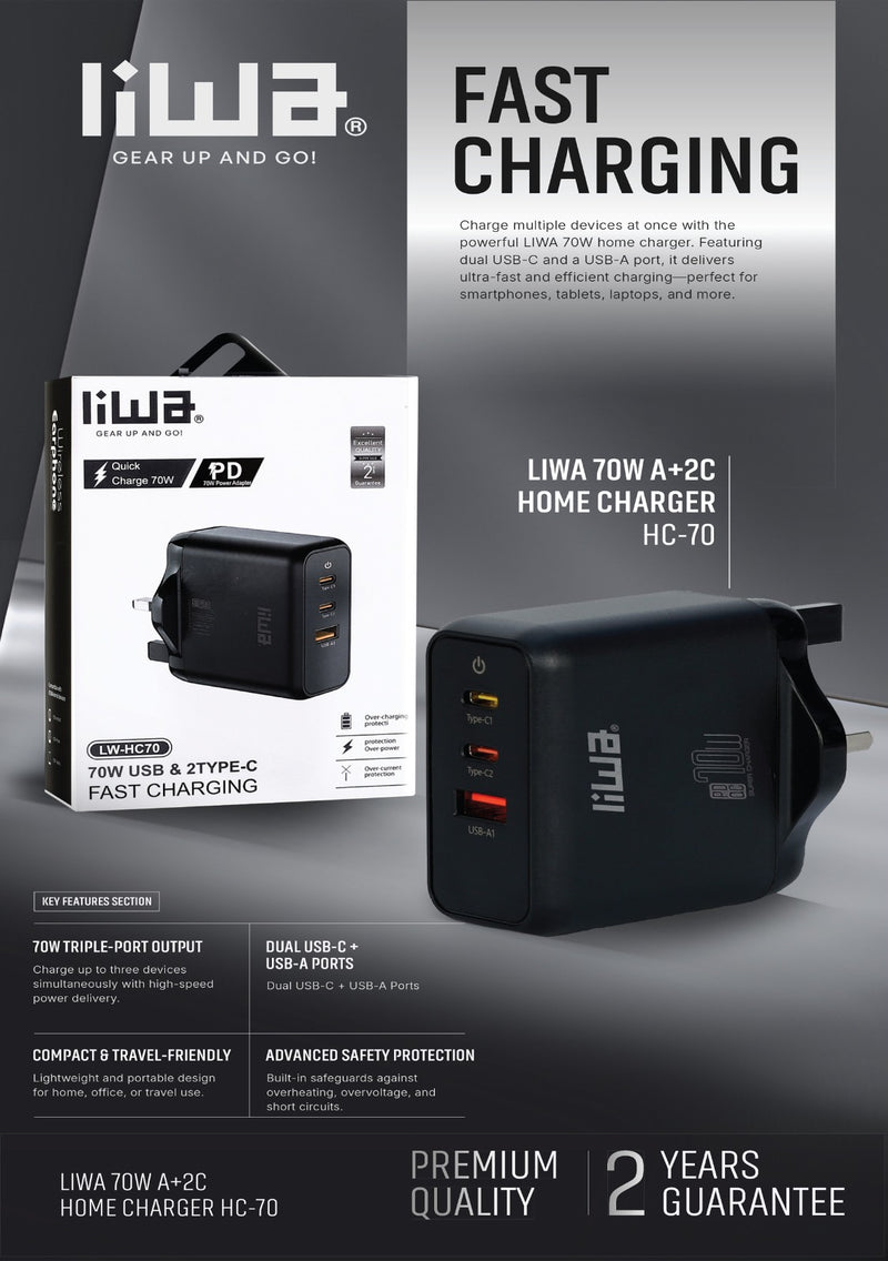 Liwa Quick Fast Charger 70W /USB /2Type-C /LW-HC70 - TUZZUT Qatar Online Shopping