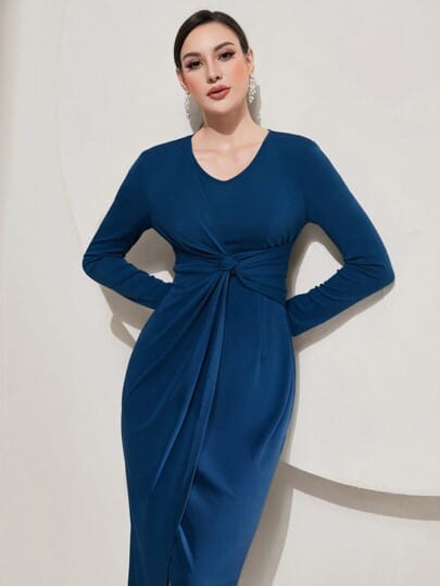 Modelyn Women's Twisted Long Sleeve Dress Long Evening Dresses  0907 - TUZZUT Qatar Online Shopping