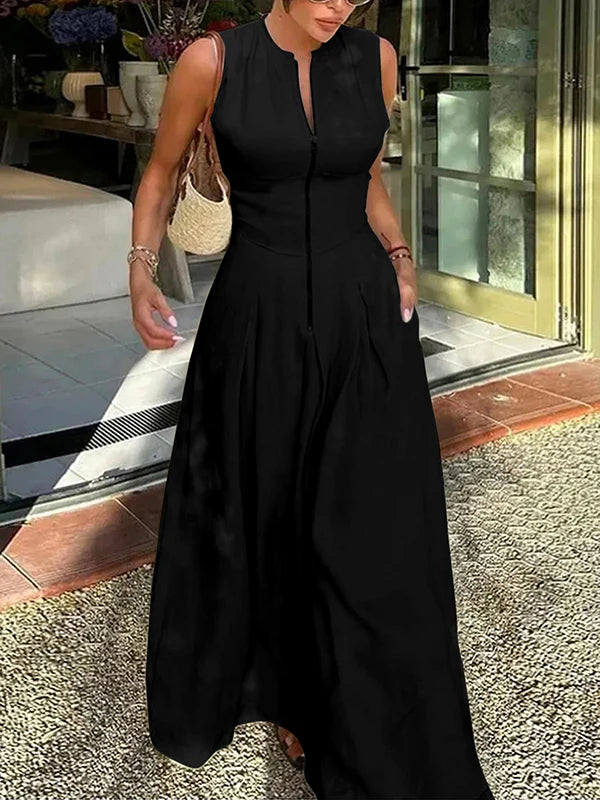 A-Line Loose Pleated Pockets Split-Joint Zipper Round-Neck Maxi Dresses 163220 A-Line Loose Pleated Pockets Split-Joint Zipper Round-Neck Maxi Dresses 163220