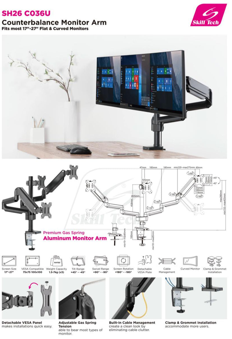 Triple Monitor Gas Spring Mount with Usb Ports - SH 26C036UP (Fits Most 17"~ 32") - Tuzzut.com Qatar Online Shopping