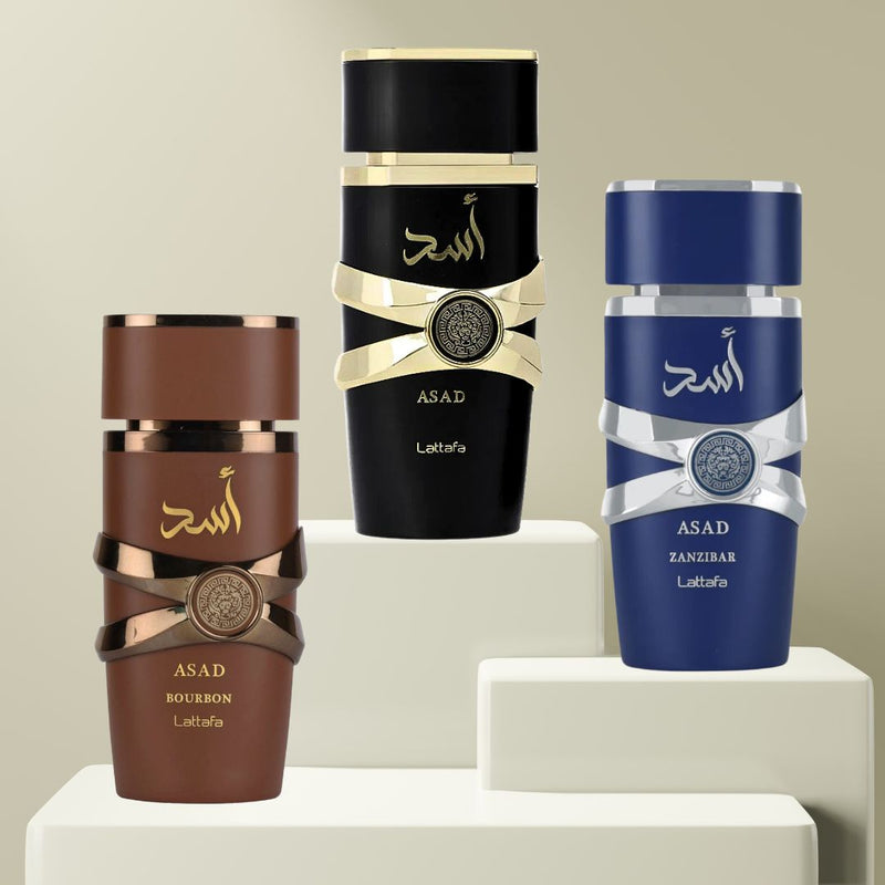 Asad, Asad Zanzibar & Asad Bourbon EDP Sprays 100ML By Lattafa | ASAD SIGNATURE TRIO - TUZZUT Qatar Online Shopping