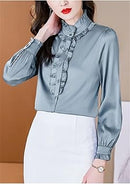 Sweejim Fashion Ruffles Long Sleeve Blouses Women Elegant Office Satin Shirts Basic Tops    S4710736 - TUZZUT Qatar Online Shopping