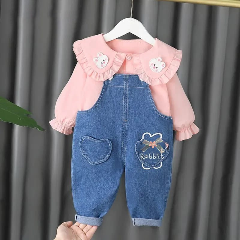 Fashion Spring Autumn Baby Girls Cute Clothing Set baby print long sleeves shirt + Denim Overalls Jeans Pants Kids Clothes Set X4727035