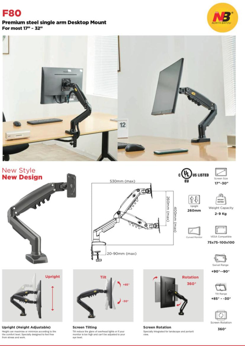 Premium Single Monitor Steel Monitor Arm - SH F80 (Fits Most 17" ~ 32") - Tuzzut.com Qatar Online Shopping