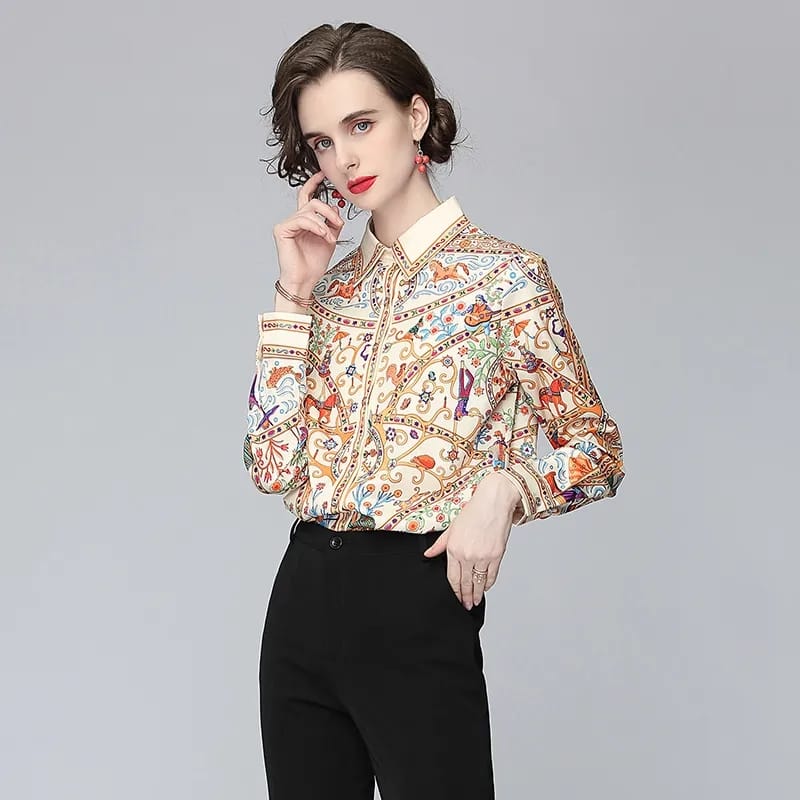 New Spring Women Runway Blouses Long Sleeve Elegant Turn-down Collar Vintage Office Shirts Plus Size Blusas Tops S1732246 - Tuzzut.com Qatar Online Shopping