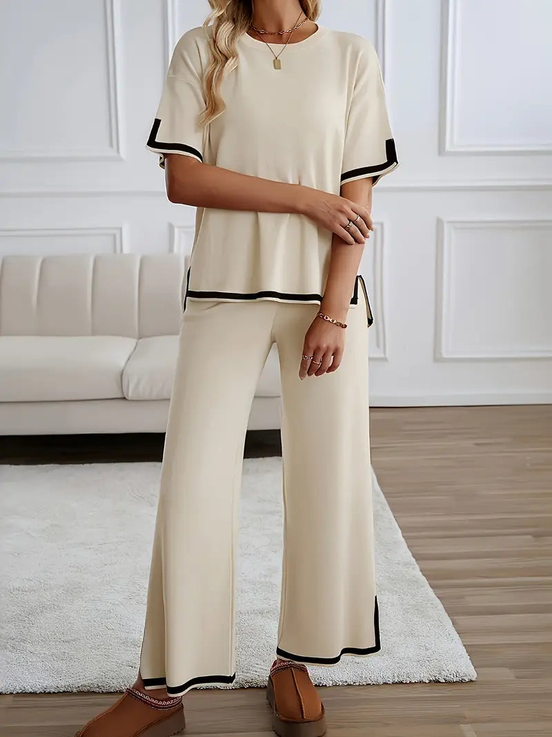 Short Sleeve Knit Pullover Top High Waist Wide Leg Pant 54804 Short Sleeve Knit Pullover Top High Waist Wide Leg Pant 54804