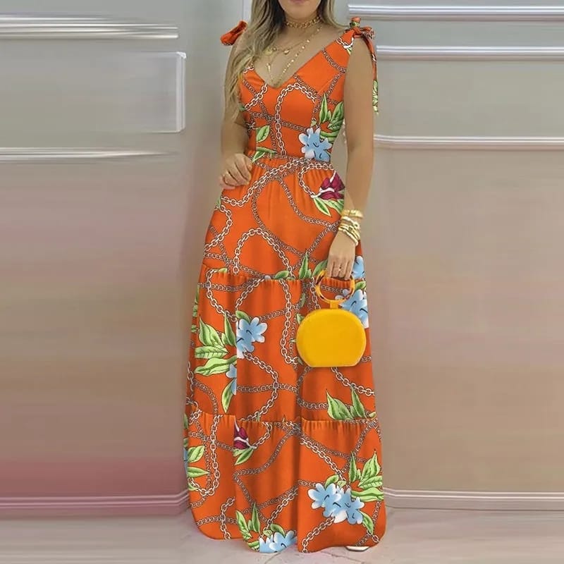 Spring/Summer New Boho Women Print Sling Long Dress Fashion Loose Ladies Casual Butterfly Sleeves Frilled Ladies Beach Dresses L S4540856