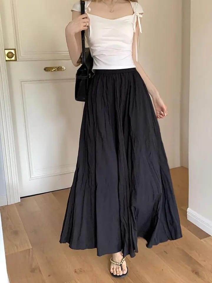 Summer Maxi Skirt Womens Casual Elastic High Waist Pleated A-line Skirts Streetwear Elegant Classic Skirt Female Clothing 3XL S4566503 - Tuzzut.com Qatar Online Shopping