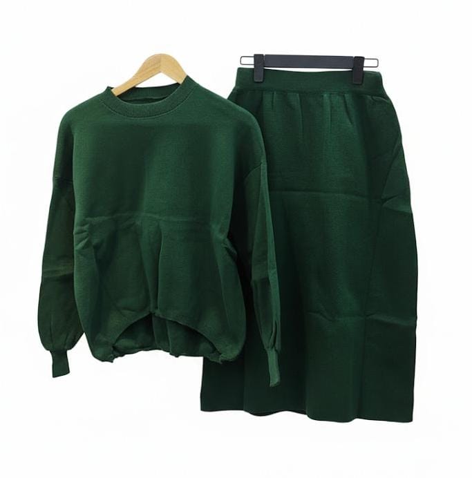 Green Long Sleeve Sweater Skirt Two Piece Set B-374985 - TUZZUT Qatar Online Shopping