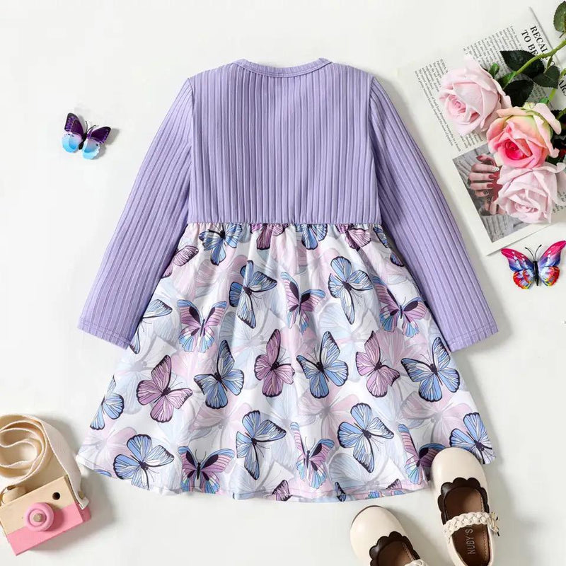PatPat Toddler Girl Dress Ribbed Bowknot Design Floral Leaf/ Butterfly Print Splice Long-sleeve Dresses 3Y 20449555