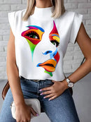 Original Casual High-Neck Cap Sleeves Face Printed T-Shirt Top L 105023 - TUZZUT Qatar Online Shopping