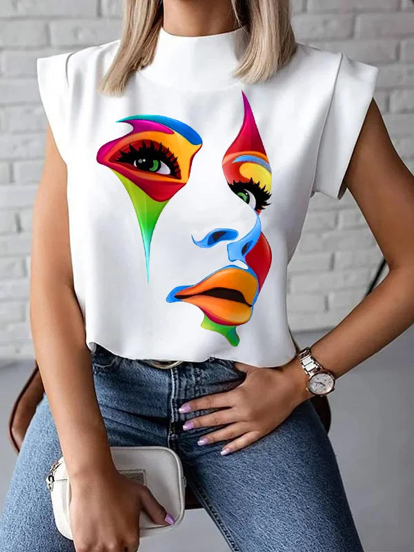 Original Casual High-Neck Cap Sleeves Face Printed T-Shirt Top L 105023 Original Casual High-Neck Cap Sleeves Face Printed T-Shirt Top L 105023