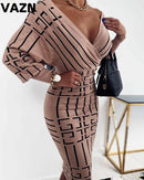 Women's Short Dress V-Neck Long Sleeve Female Dresses Striped Dress S594150 - TUZZUT Qatar Online Shopping