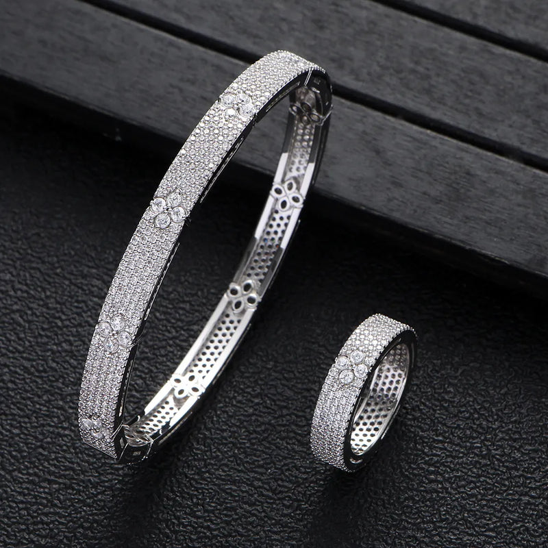 Flower Micro Zircon Stone Silver Bracelet Ring Set DN2111 - TUZZUT Qatar Online Shopping