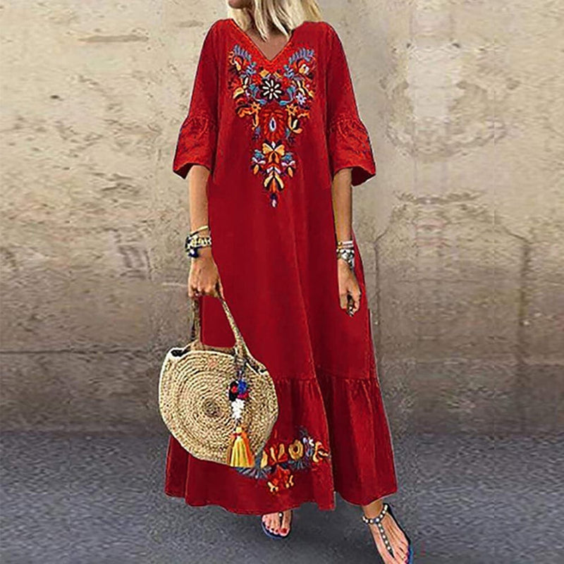 Women's Summer Long Dress Vintage V Neck Short Sleeve Floral Print Large Hem Long Loose Dress Beach Dresses Vestidos S4239311