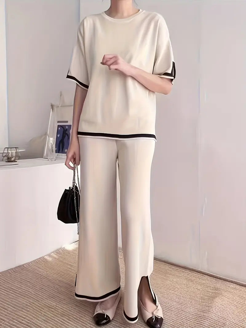 Short Sleeve Knit Pullover Top High Waist Wide Leg Pant 54804 Short Sleeve Knit Pullover Top High Waist Wide Leg Pant 54804