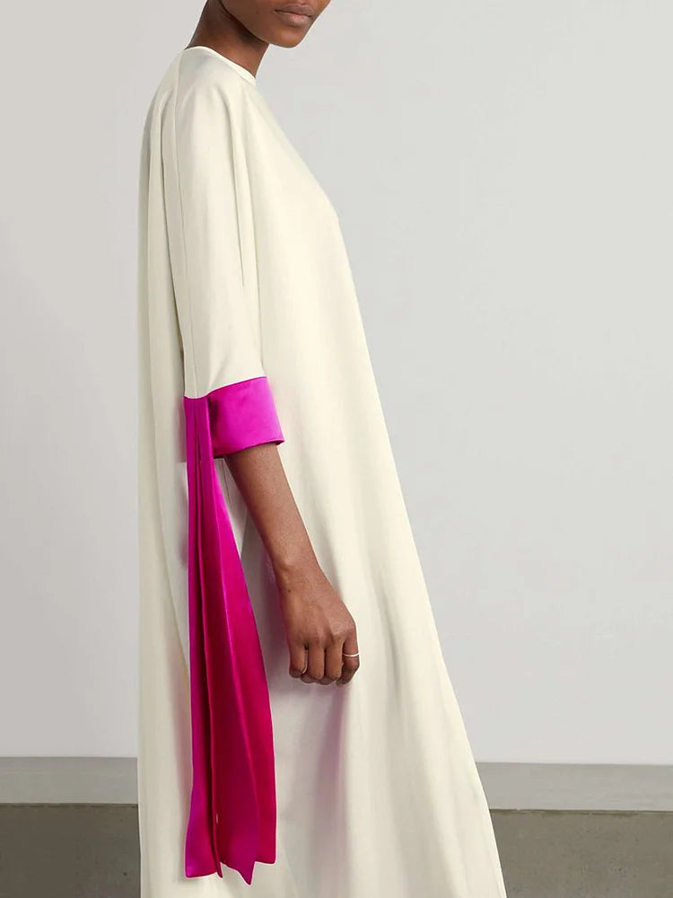 Loose Seven-Quarter Sleeves Contrast Color Round-Neck Midi Dresses S 115709 Loose Seven-Quarter Sleeves Contrast Color Round-Neck Midi Dresses S 115709