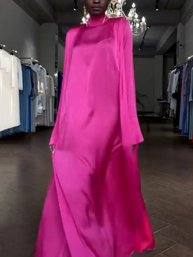 Flared Sleeves Long Sleeves Solid Color High-Neck Maxi Dresses 125662 Flared Sleeves Long Sleeves Solid Color High-Neck Maxi Dresses 125662