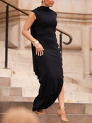 Loose Sleeveless Solid Color Split-side Shawl Collar Maxi Dresses 148613 - TUZZUT Qatar Online Shopping