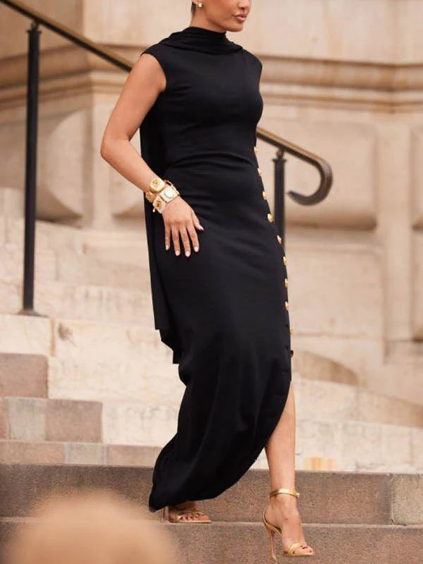 Loose Sleeveless Solid Color Split-side Shawl Collar Maxi Dresses 148613 Loose Sleeveless Solid Color Split-side Shawl Collar Maxi Dresses 148613