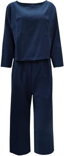 Womens Cotton Linen Lounge Sets Long Sleeve Short Tops and Wide Leg Pants Lightweight Casual Spring OutfitsS4682828 - TUZZUT Qatar Online Shopping