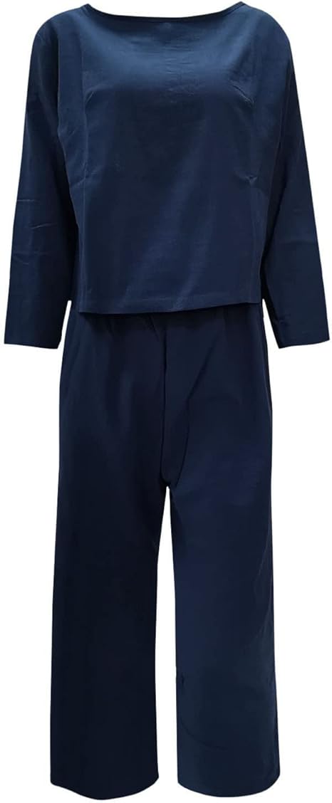Womens Cotton Linen Lounge Sets Long Sleeve Short Tops and Wide Leg Pants Lightweight Casual Spring OutfitsS4682828 - TUZZUT Qatar Online Shopping