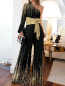 Long Sleeves Loose Printed Shiny Tied Waist One-Shoulder Jumpsuits Bottoms L 139816 - TUZZUT Qatar Online Shopping