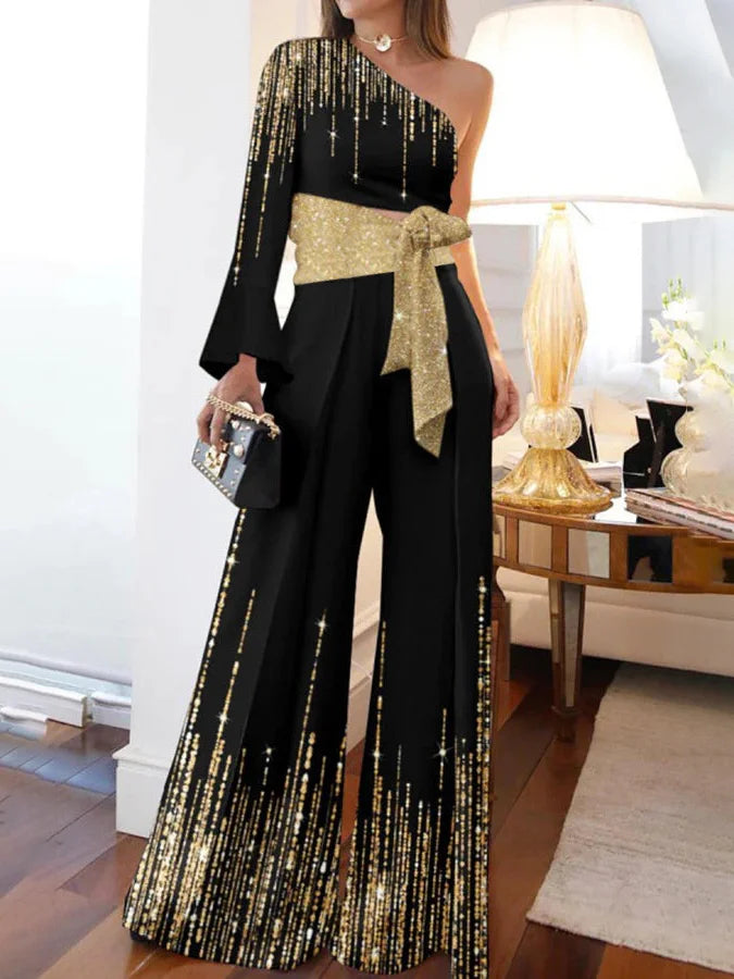 Long Sleeves Loose Printed Shiny Tied Waist One-Shoulder Jumpsuits Bottoms L 139816 Long Sleeves Loose Printed Shiny Tied Waist One-Shoulder Jumpsuits Bottoms L 139816